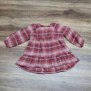 Maroon Plaid Flannel Long-sleeved Dress for Fall or Winter SIZE: 12 Months